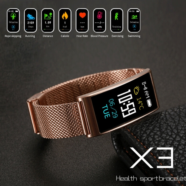 X3 0.96 inch Screen Display Steel Watch Band Bluetooth Smart Bracelet, IP68 Waterproof, Support Pedometer / Heart Rate Monitor / Sleep Monitor / Blood Pressure Monitor, Compatible with Android and iOS Phones, Steel Watch Band/Gold