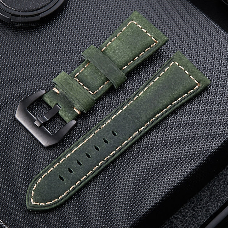 Layered black leather strap with brushed metal buckle closure, 20mm universal fit band