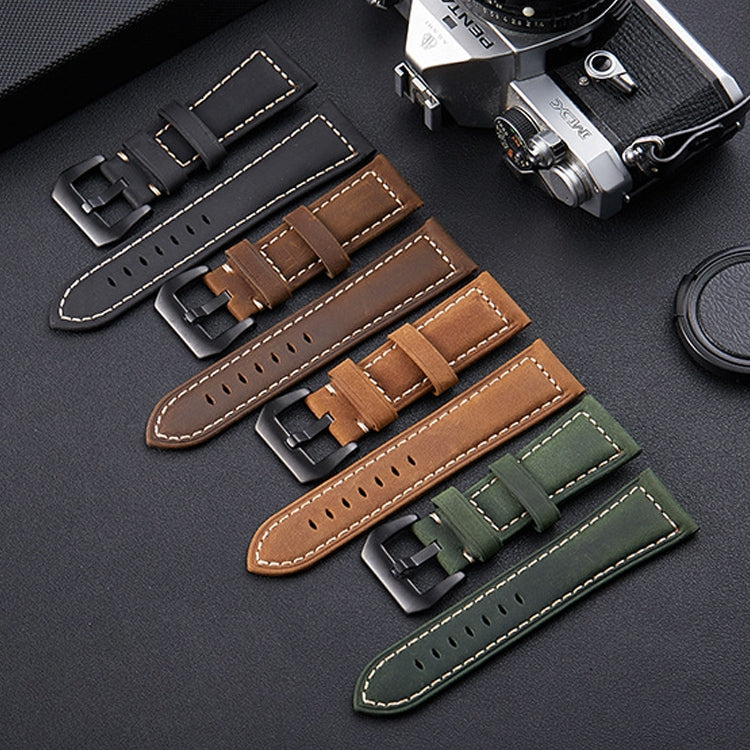 Crazy Horse Layer Frosted Black Buckle Watch Leather Watch Band, Size: 22mm