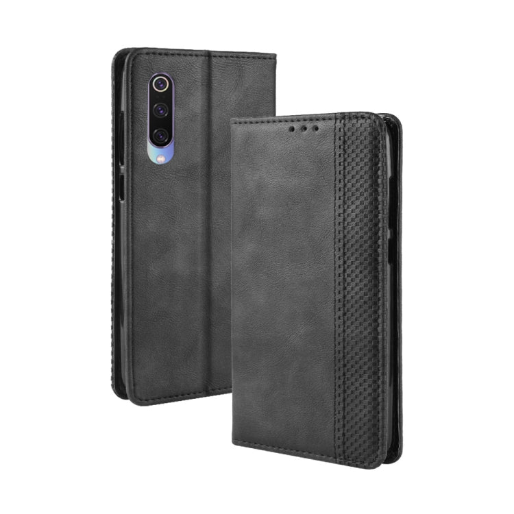 Étui à rabat horizontal en cuir à texture rétro avec boucle magnétique pour Xiaomi Mi 9, avec support, emplacements pour cartes et portefeuille.