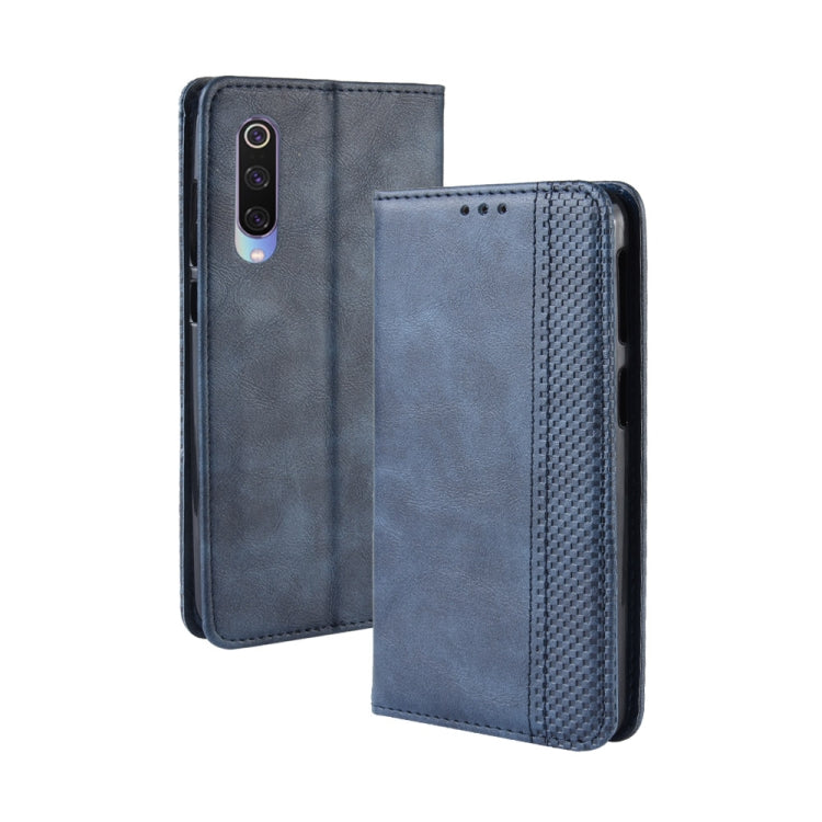 Étui à rabat horizontal en cuir à texture rétro avec boucle magnétique pour Xiaomi Mi 9, avec support, emplacements pour cartes et portefeuille.