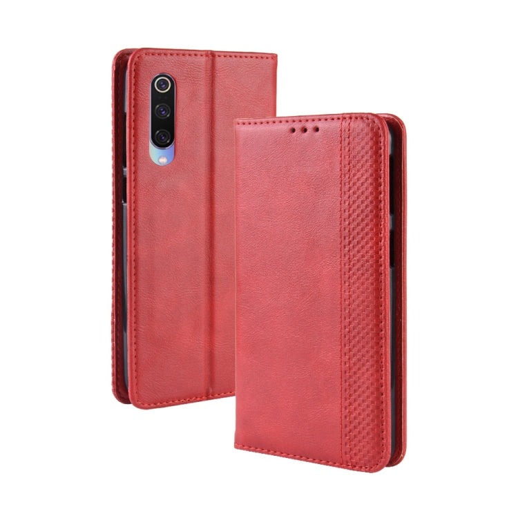 Étui à rabat horizontal en cuir à texture rétro avec boucle magnétique pour Xiaomi Mi 9, avec support, emplacements pour cartes et portefeuille.