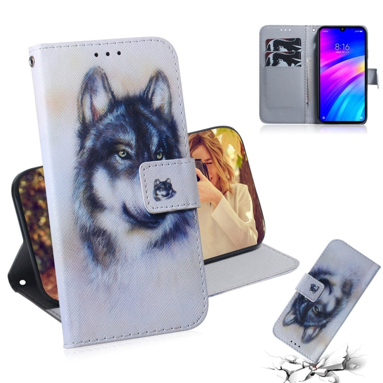 Étui à rabat horizontal en cuir avec motif loup blanc et dessin coloré pour Xiaomi Redmi 7, avec support, emplacements pour cartes et portefeuille.