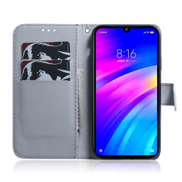 Étui à rabat horizontal en cuir avec motif loup blanc et dessin coloré pour Xiaomi Redmi 7, avec support, emplacements pour cartes et portefeuille.
