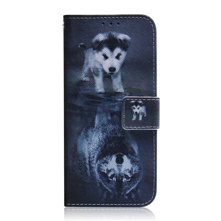 Étui à rabat horizontal en cuir avec motif loup et chien pour Xiaomi Redmi Go, avec support, emplacements pour cartes et portefeuille.