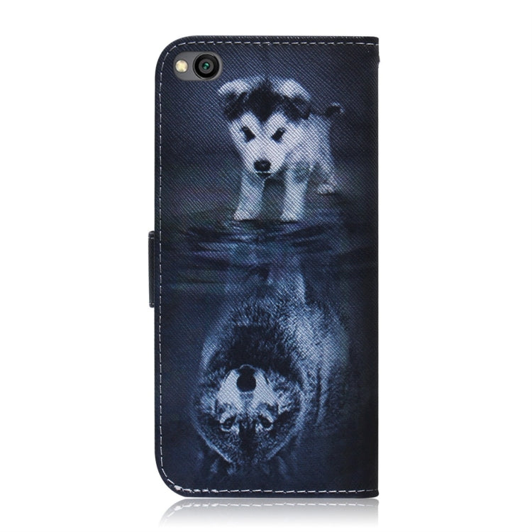Étui à rabat horizontal en cuir avec motif loup et chien pour Xiaomi Redmi Go, avec support, emplacements pour cartes et portefeuille.