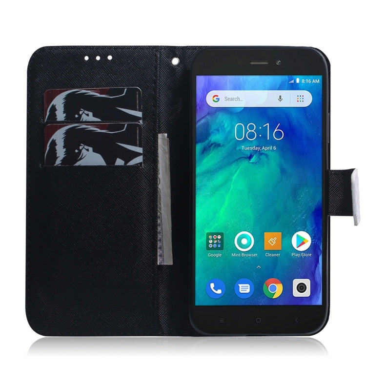 Étui à rabat horizontal en cuir avec motif loup et chien pour Xiaomi Redmi Go, avec support, emplacements pour cartes et portefeuille.