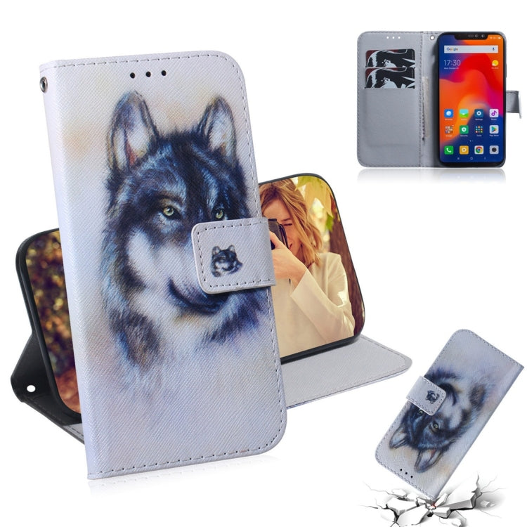Étui en cuir à rabat horizontal motif loup blanc pour Xiaomi Redmi Note 6 / Redmi Note 6 Pro, avec support, emplacements pour cartes et portefeuille.