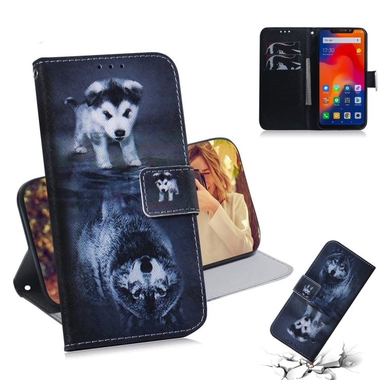 Étui à rabat horizontal en cuir avec motif loup et chien pour Xiaomi Redmi Note 6 / Redmi Note 6 Pro, avec support, emplacements pour cartes et portefeuille.