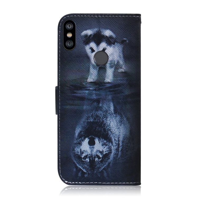Étui à rabat horizontal en cuir avec motif loup et chien pour Xiaomi Redmi Note 6 / Redmi Note 6 Pro, avec support, emplacements pour cartes et portefeuille.