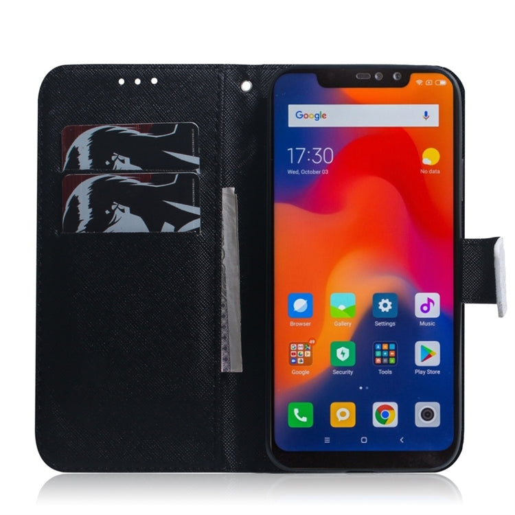 Étui à rabat horizontal en cuir avec motif loup et chien pour Xiaomi Redmi Note 6 / Redmi Note 6 Pro, avec support, emplacements pour cartes et portefeuille.