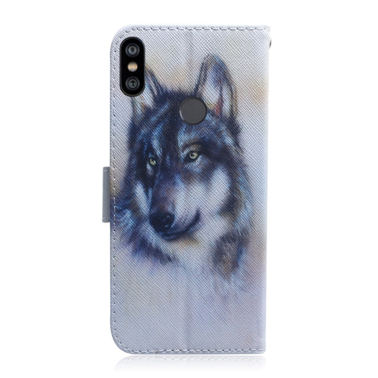 Étui en cuir à rabat horizontal motif loup blanc pour Xiaomi Redmi Note 6 / Redmi Note 6 Pro, avec support, emplacements pour cartes et portefeuille.