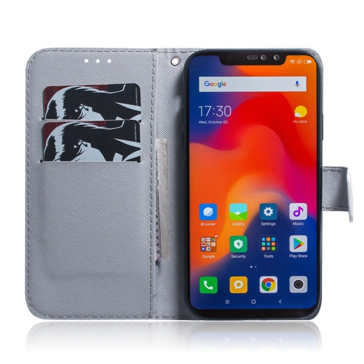 Étui en cuir à rabat horizontal motif loup blanc pour Xiaomi Redmi Note 6 / Redmi Note 6 Pro, avec support, emplacements pour cartes et portefeuille.