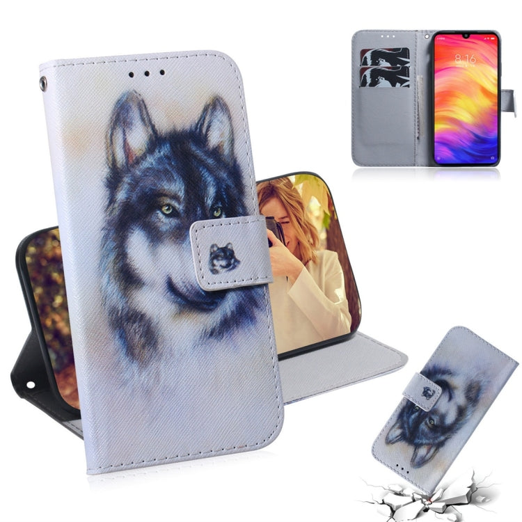 Étui à rabat horizontal en cuir avec motif loup blanc et dessin coloré pour Xiaomi Redmi Note 7, avec support, emplacements pour cartes et portefeuille.