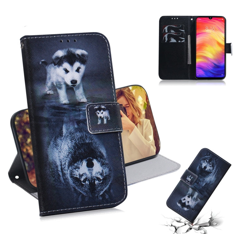 Étui à rabat horizontal en cuir avec motif loup et chien pour Xiaomi Redmi Note 7, avec support, emplacements pour cartes et portefeuille.