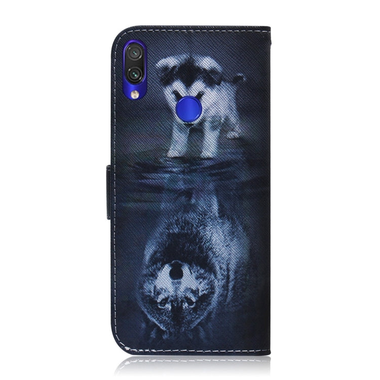Étui à rabat horizontal en cuir avec motif loup et chien pour Xiaomi Redmi Note 7, avec support, emplacements pour cartes et portefeuille.