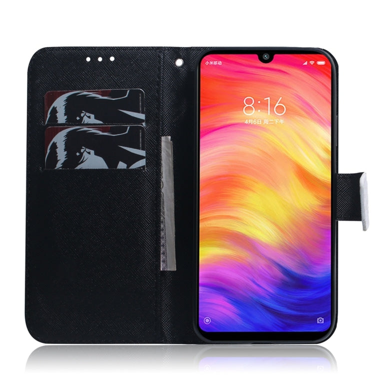 Étui à rabat horizontal en cuir avec motif loup et chien pour Xiaomi Redmi Note 7, avec support, emplacements pour cartes et portefeuille.