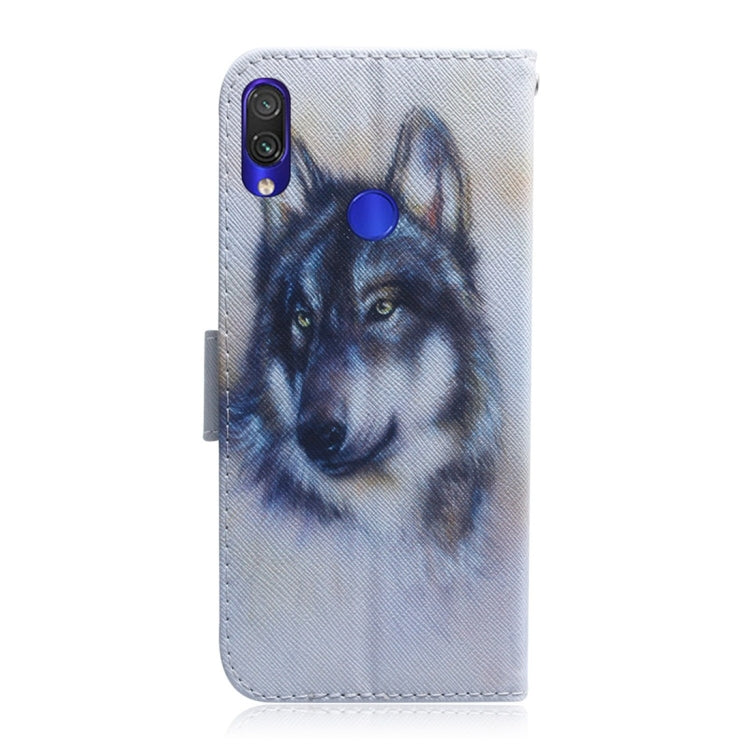 Étui à rabat horizontal en cuir avec motif loup blanc et dessin coloré pour Xiaomi Redmi Note 7, avec support, emplacements pour cartes et portefeuille.