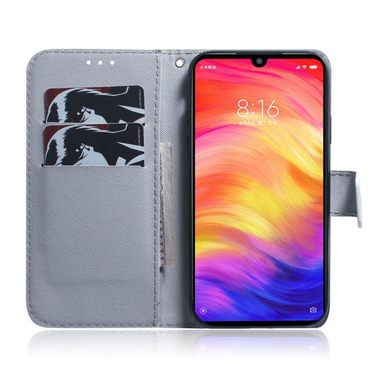 Étui à rabat horizontal en cuir avec motif loup blanc et dessin coloré pour Xiaomi Redmi Note 7, avec support, emplacements pour cartes et portefeuille.