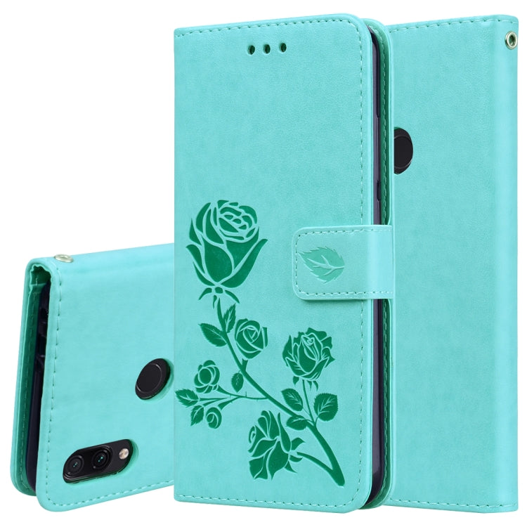 Étui à rabat horizontal en cuir PU avec motif rose gaufré pour Xiaomi Redmi Note 7, avec support, emplacements pour cartes et portefeuille.