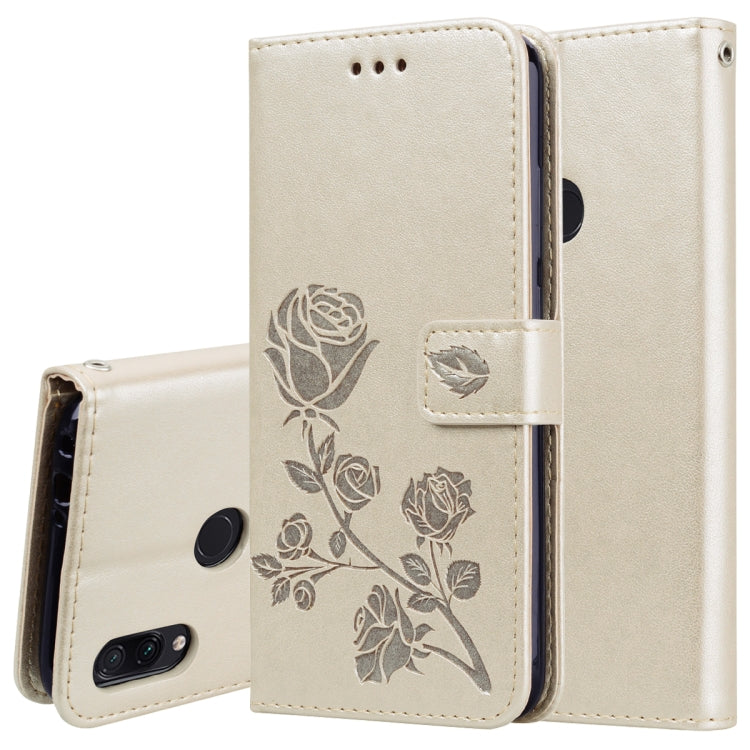 Étui à rabat horizontal en cuir PU avec motif rose gaufré pour Xiaomi Redmi Note 7, avec support, emplacements pour cartes et portefeuille.