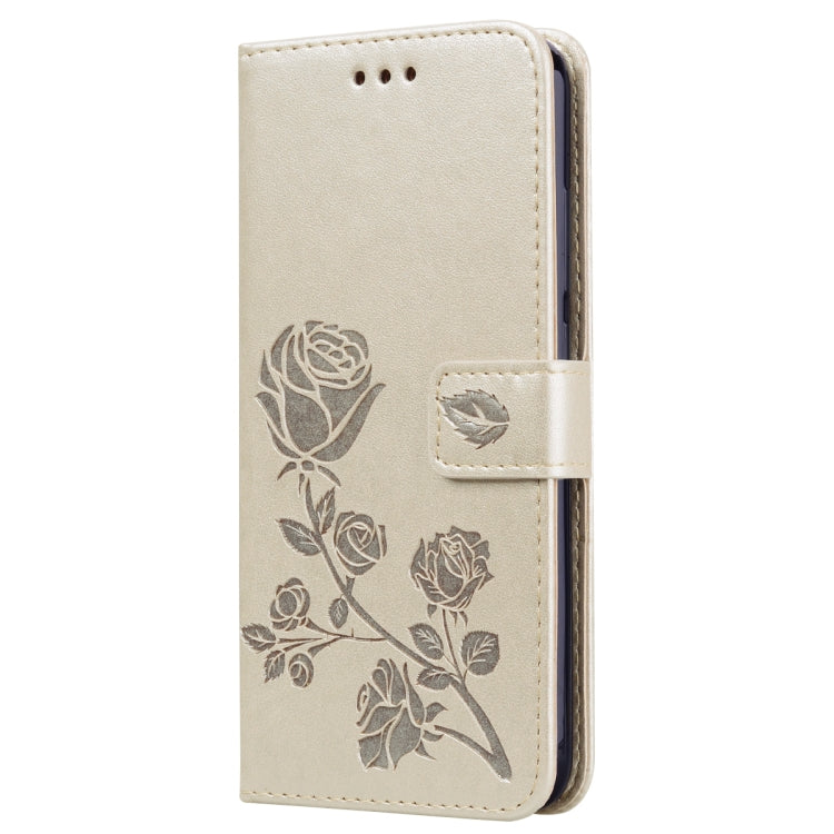 Étui à rabat horizontal en cuir PU avec motif rose gaufré pour Xiaomi Redmi Note 7, avec support, emplacements pour cartes et portefeuille.
