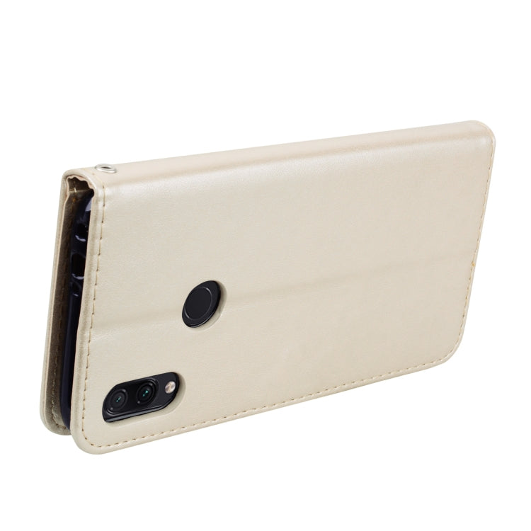 Étui à rabat horizontal en cuir PU avec motif rose gaufré pour Xiaomi Redmi Note 7, avec support, emplacements pour cartes et portefeuille.