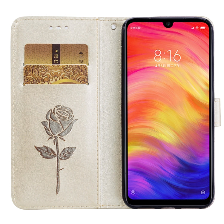 Étui à rabat horizontal en cuir PU avec motif rose gaufré pour Xiaomi Redmi Note 7, avec support, emplacements pour cartes et portefeuille.