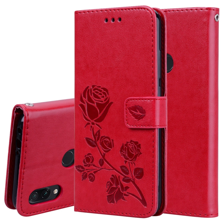 Étui à rabat horizontal en cuir PU avec motif rose gaufré pour Xiaomi Redmi Note 7, avec support, emplacements pour cartes et portefeuille.