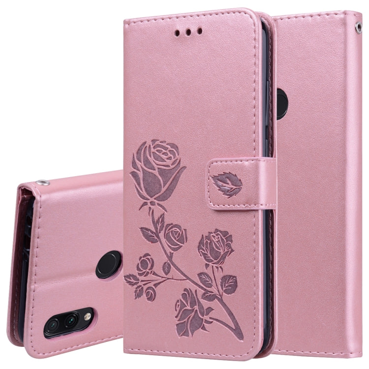 Étui à rabat horizontal en cuir PU avec motif rose gaufré pour Xiaomi Redmi Note 7, avec support, emplacements pour cartes et portefeuille.