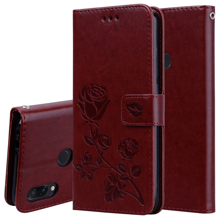 Étui à rabat horizontal en cuir PU avec motif rose gaufré pour Xiaomi Redmi Note 7, avec support, emplacements pour cartes et portefeuille.