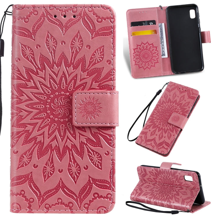Pressed Printing Sunflower Pattern Horizontal Flip PU Leather Case for Galaxy A10e, with Holder & Card Slots & Wallet & Lanyard, For Galaxy A10e