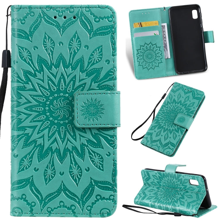 Pressed Printing Sunflower Pattern Horizontal Flip PU Leather Case for Galaxy A10e, with Holder & Card Slots & Wallet & Lanyard, For Galaxy A10e