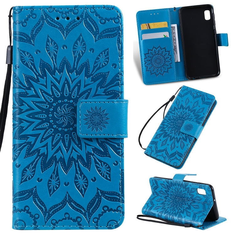 Pressed Printing Sunflower Pattern Horizontal Flip PU Leather Case for Galaxy A10e, with Holder & Card Slots & Wallet & Lanyard, For Galaxy A10e