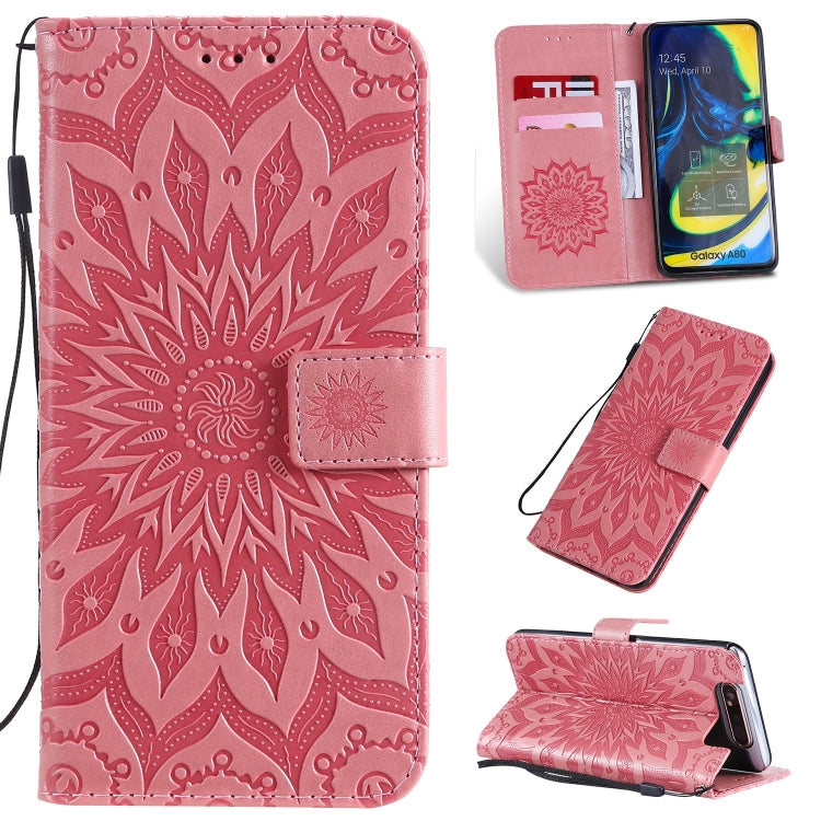 Pressed Printing Sunflower Pattern Horizontal Flip PU Leather Case for Galaxy A80, with Holder & Card Slots & Wallet & Lanyard, For Galaxy A80
