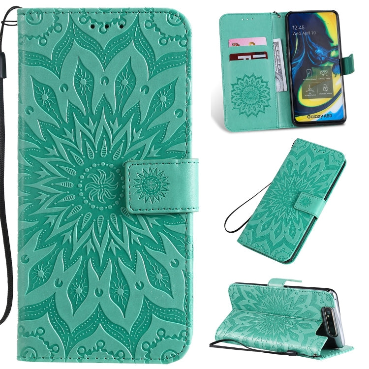 Pressed Printing Sunflower Pattern Horizontal Flip PU Leather Case for Galaxy A80, with Holder & Card Slots & Wallet & Lanyard, For Galaxy A80