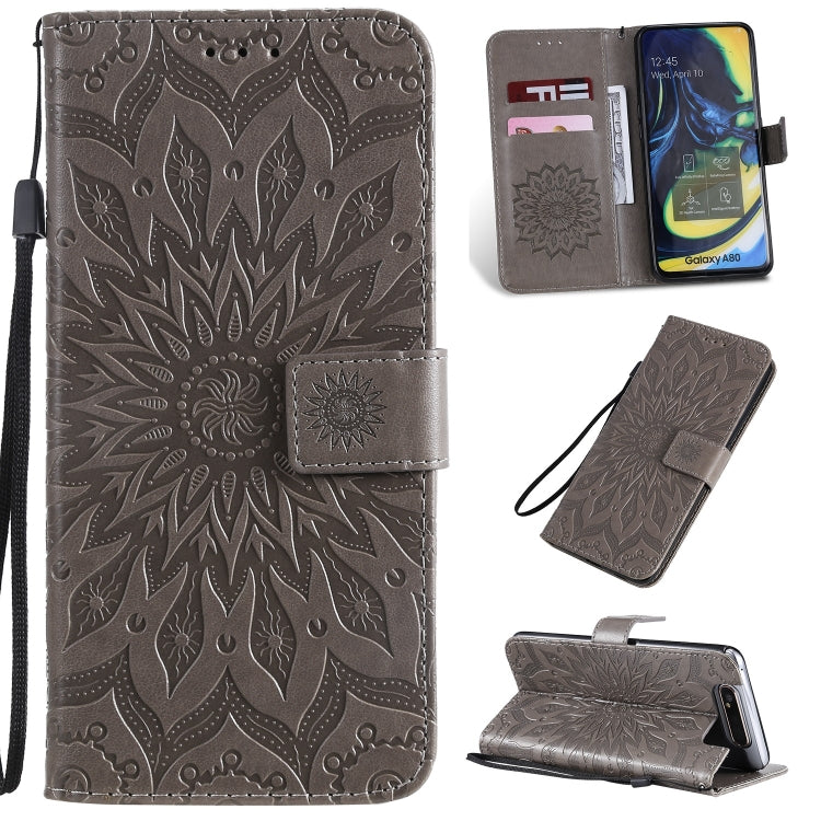 Pressed Printing Sunflower Pattern Horizontal Flip PU Leather Case for Galaxy A80, with Holder & Card Slots & Wallet & Lanyard, For Galaxy A80
