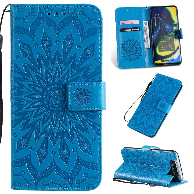 Pressed Printing Sunflower Pattern Horizontal Flip PU Leather Case for Galaxy A80, with Holder & Card Slots & Wallet & Lanyard, For Galaxy A80