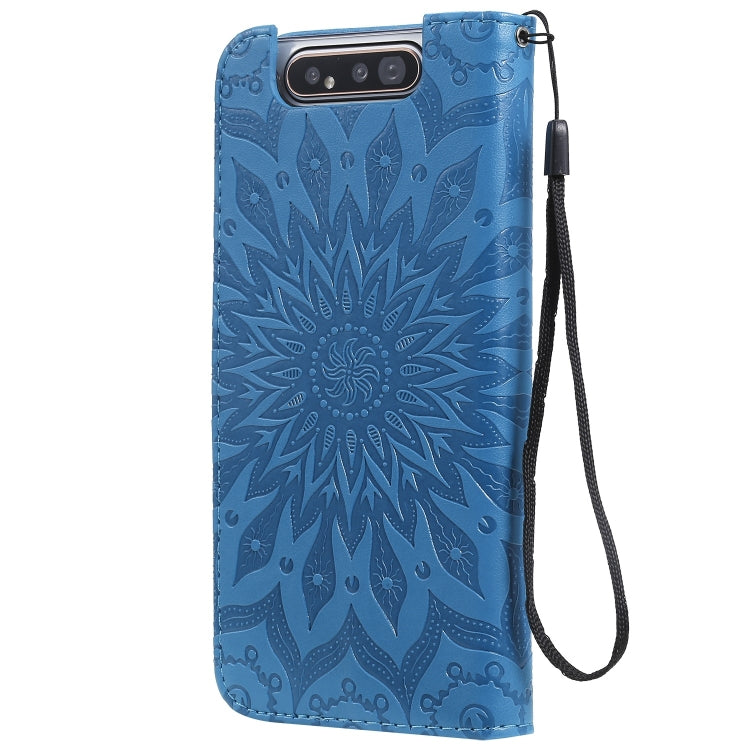 Pressed Printing Sunflower Pattern Horizontal Flip PU Leather Case for Galaxy A80, with Holder & Card Slots & Wallet & Lanyard, For Galaxy A80