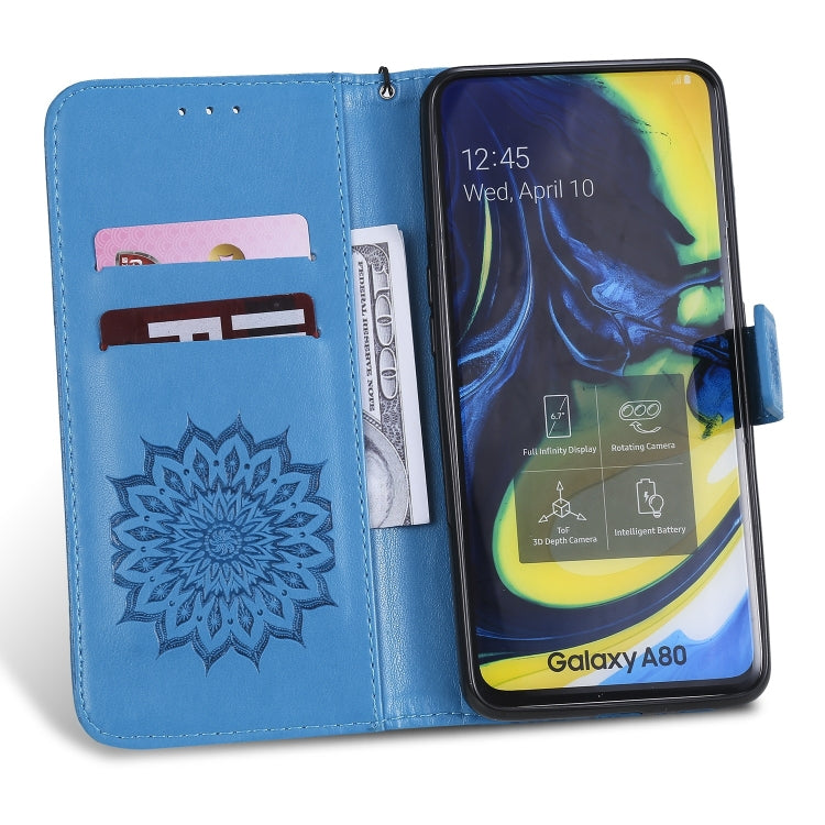 Pressed Printing Sunflower Pattern Horizontal Flip PU Leather Case for Galaxy A80, with Holder & Card Slots & Wallet & Lanyard, For Galaxy A80