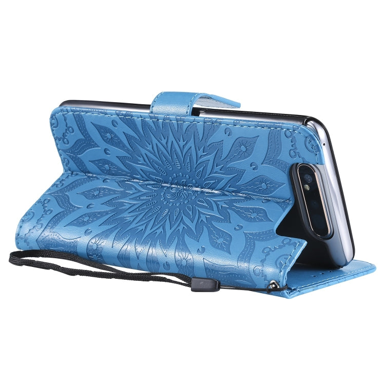 Pressed Printing Sunflower Pattern Horizontal Flip PU Leather Case for Galaxy A80, with Holder & Card Slots & Wallet & Lanyard, For Galaxy A80