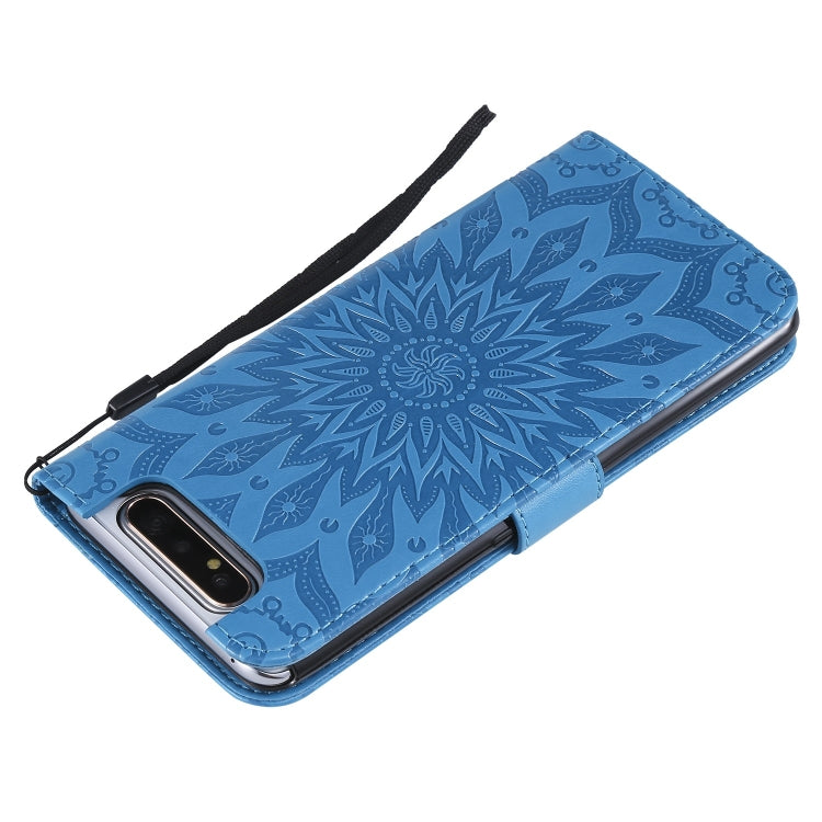 Pressed Printing Sunflower Pattern Horizontal Flip PU Leather Case for Galaxy A80, with Holder & Card Slots & Wallet & Lanyard, For Galaxy A80