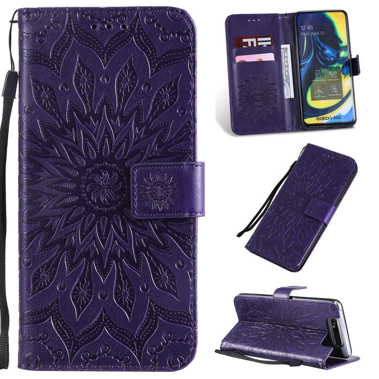 Pressed Printing Sunflower Pattern Horizontal Flip PU Leather Case for Galaxy A80, with Holder & Card Slots & Wallet & Lanyard, For Galaxy A80