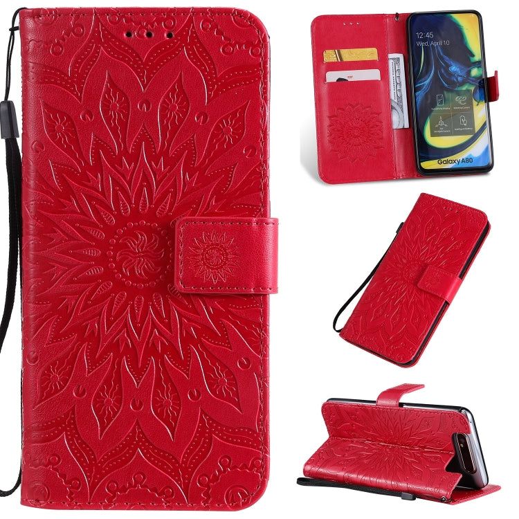 Pressed Printing Sunflower Pattern Horizontal Flip PU Leather Case for Galaxy A80, with Holder & Card Slots & Wallet & Lanyard, For Galaxy A80
