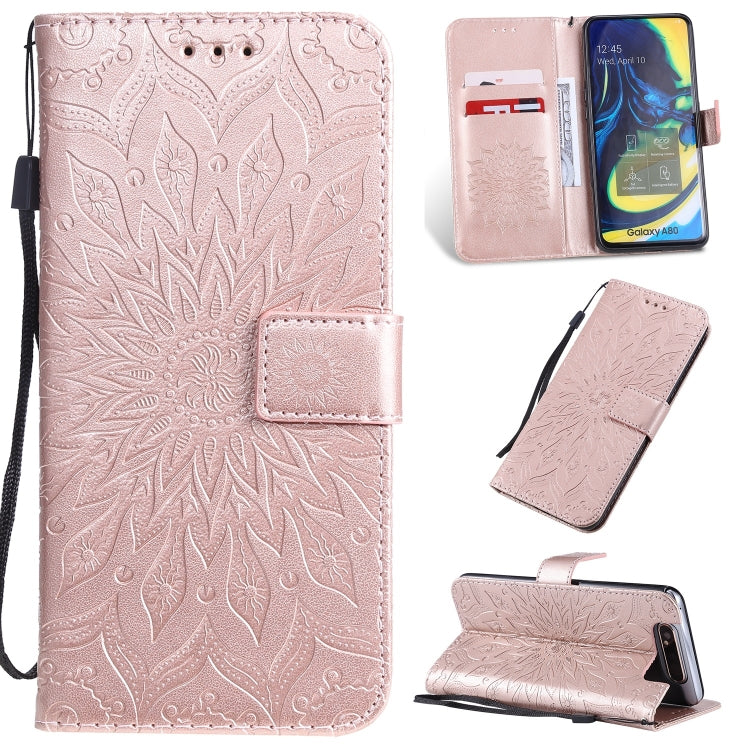 Pressed Printing Sunflower Pattern Horizontal Flip PU Leather Case for Galaxy A80, with Holder & Card Slots & Wallet & Lanyard, For Galaxy A80