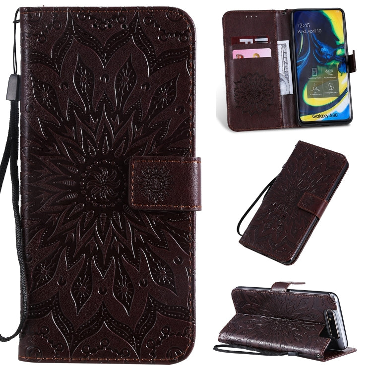 Pressed Printing Sunflower Pattern Horizontal Flip PU Leather Case for Galaxy A80, with Holder & Card Slots & Wallet & Lanyard, For Galaxy A80